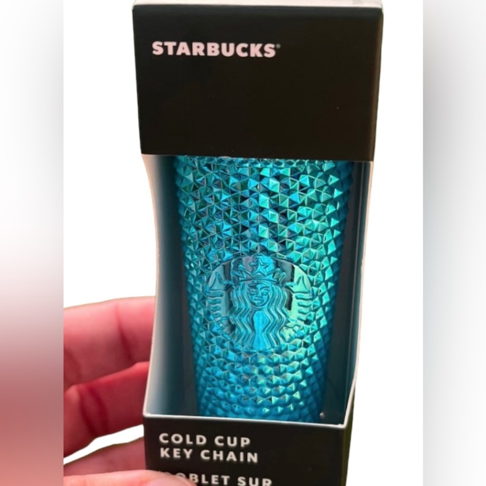 Starbucks Blue Metallic Chrome Studded Keychain FOB Bling Ornament Cup Ornament